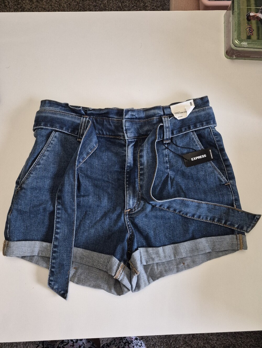 Express Dark Blue Shortie Super High-Rise Tie-Belt Denim Shorts NWT Sz 8